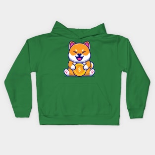 Cute Shiba Inu Dog With Gold Coin Cartoon Kids Hoodie